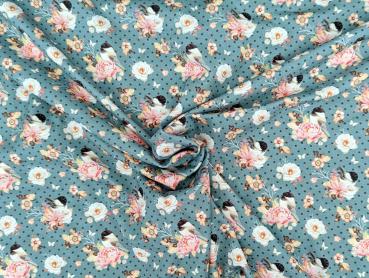 Preview: Baumwolljersey Vogel im Blumenzweig auf Punkte Jeansblau